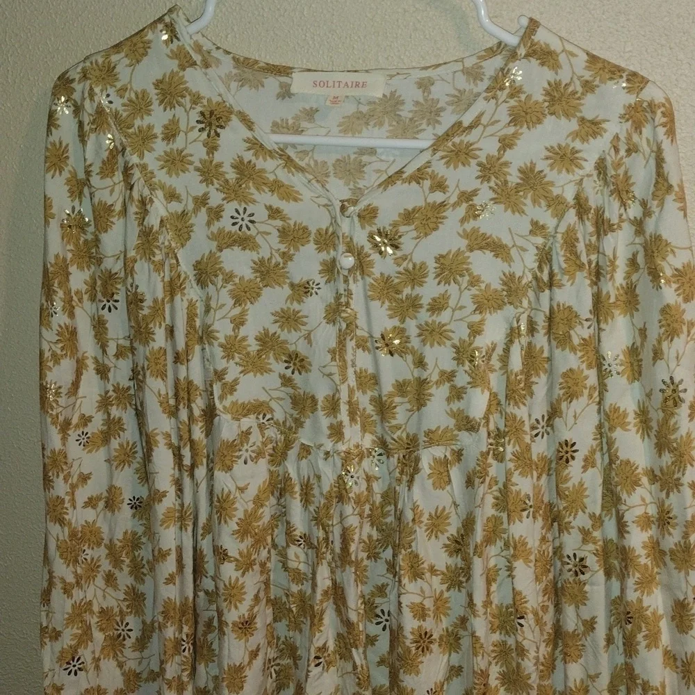 Mustard Yellow and Gold Floral Boho Solitaire Top M NWOT - Picture 2 of 7